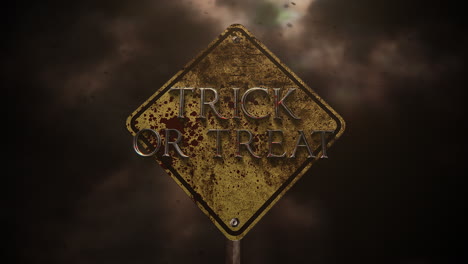 trick or treat on mystical horror background with road sign