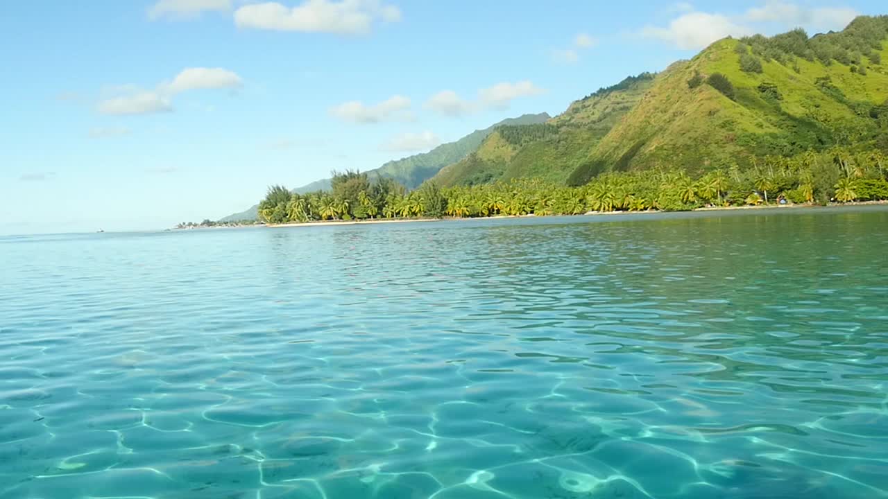 Beautiful clear water in Moorea french polynesia with jungle in background