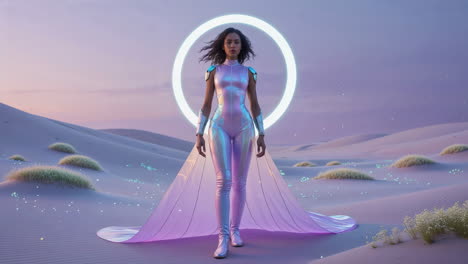 futuristic woman in iridescent suit in desert with glowing portal