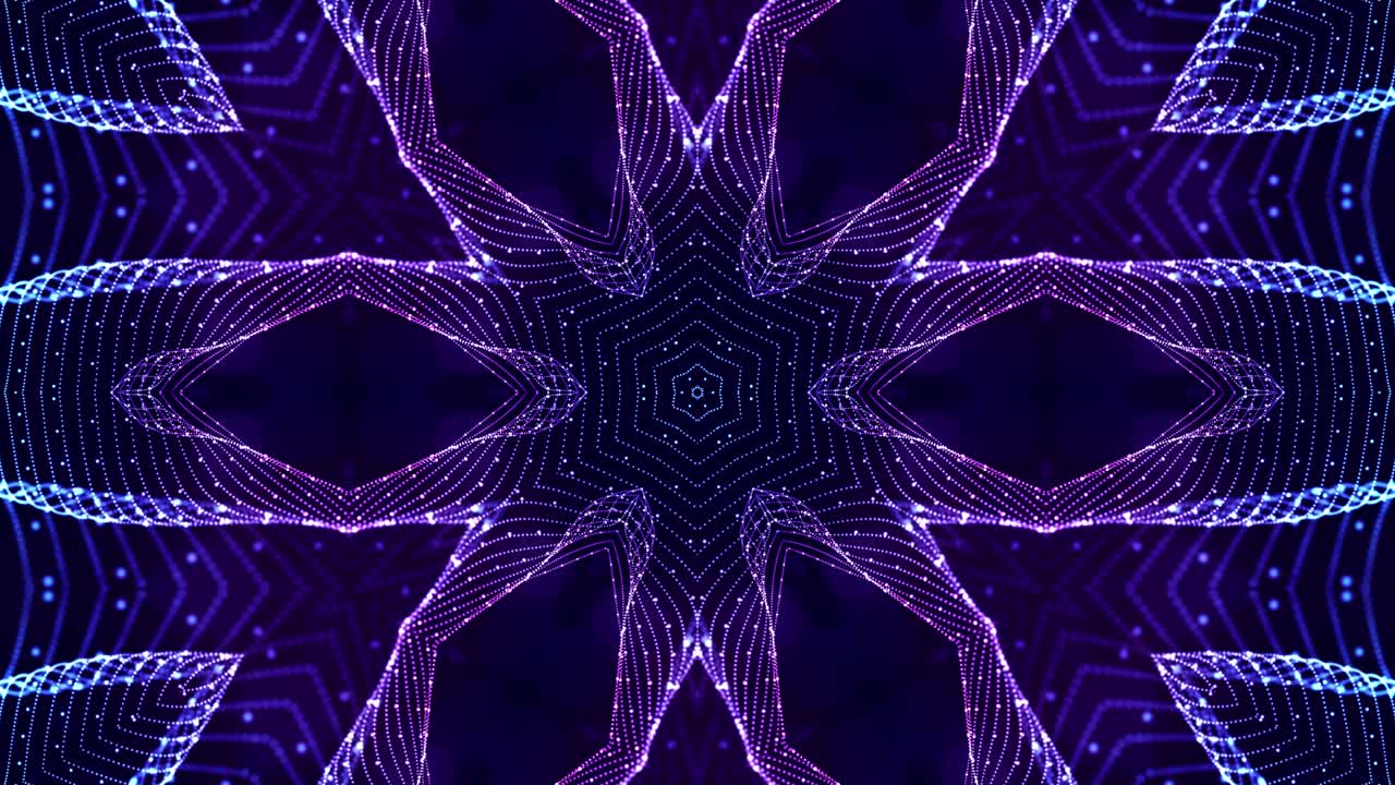4k looped sci-fi 3d background with glow blue particles form lines, surfaces, complex symmetrical structures like star in kaleidoscope. Abstract theme of microworld or nanotechnology 26