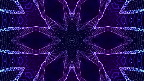 4k looped sci-fi 3d fondo con partículas azules brillantes forman líneas, superficies, estructuras simétricas complejas como estrellas en el caleidoscopio. tema abstracto de microworld o nanotecnología 26