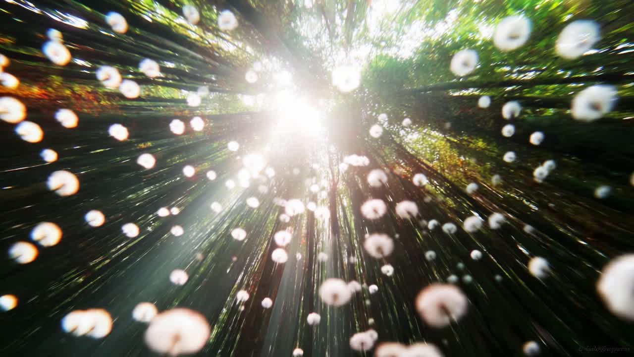 A Captivating Vision of Light and Nature: Sunbeams Filtering Through a Lush Forest, Illuminating Floating Fluff in a Dreamlike Setting of Tranquility and Wonder