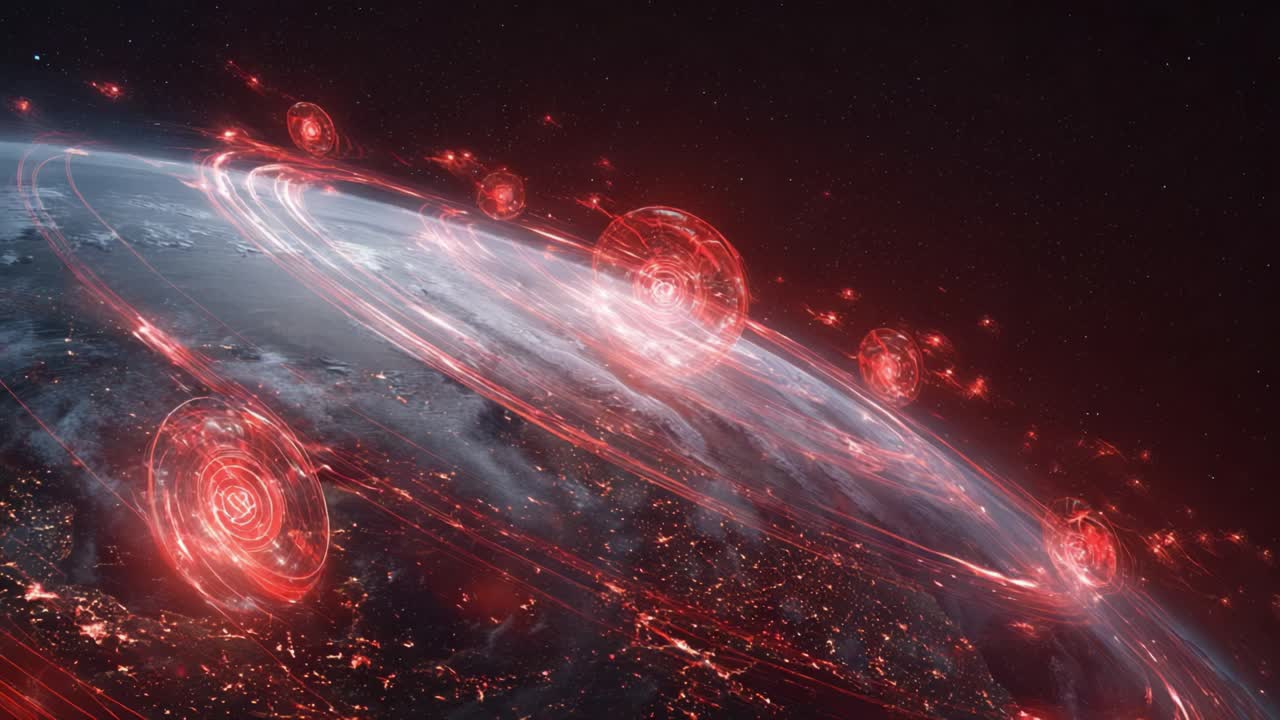 Alien futuristic spaceships generating a red energy field and surrounding the Earth from orbit, showing a menacing attack from outer space with glowing city lights visible on the dark side