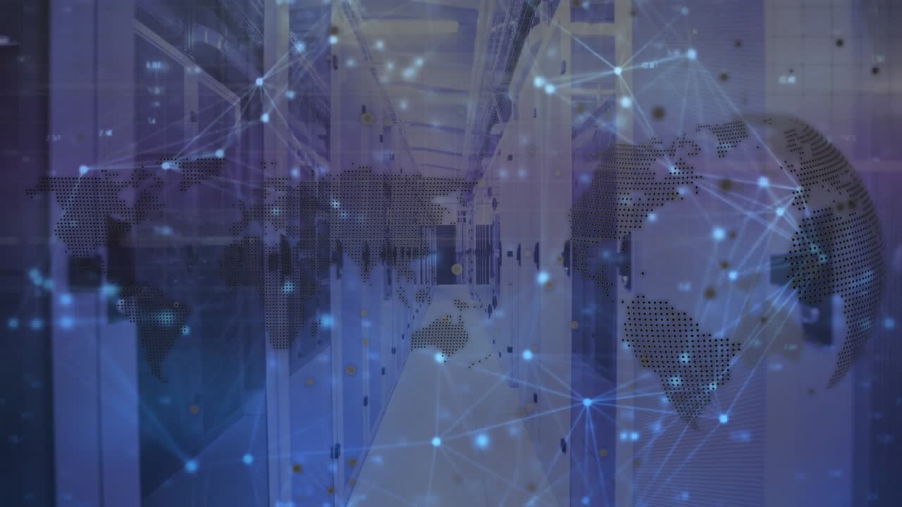 Animation of globe and people icons over server room