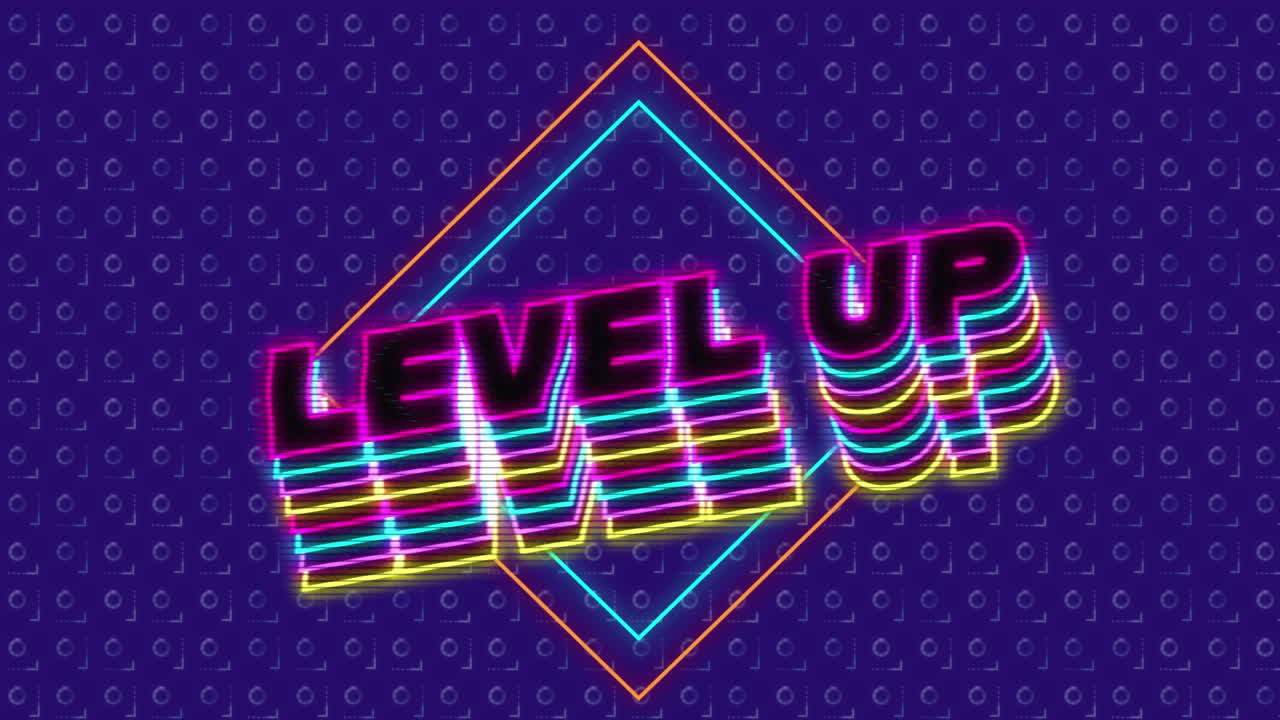 animación de nivel de texto de neón sobre el patrón en fondo púrpura.