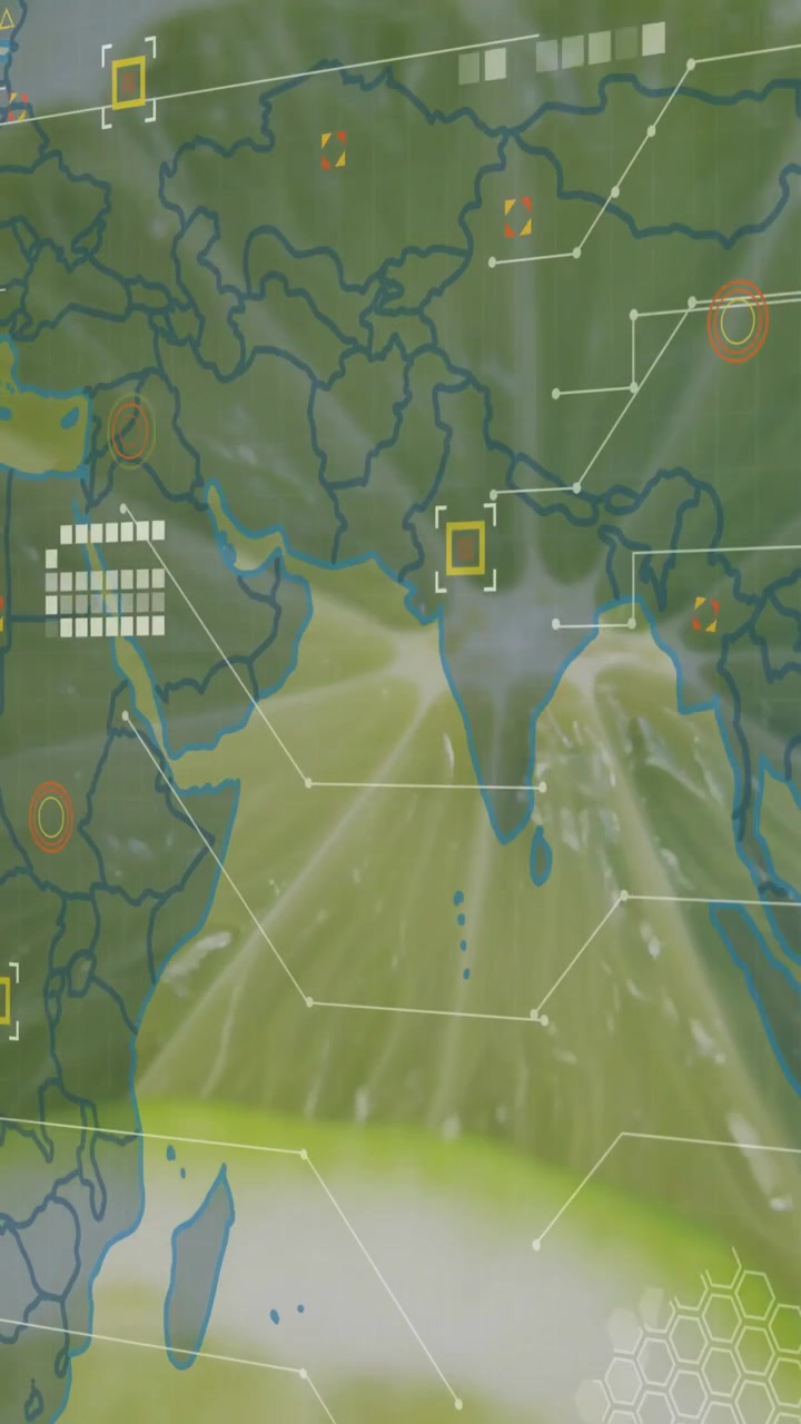 Vertical video: Lime slice backdrop revealing map outline and HUD scanning, targeting India focus