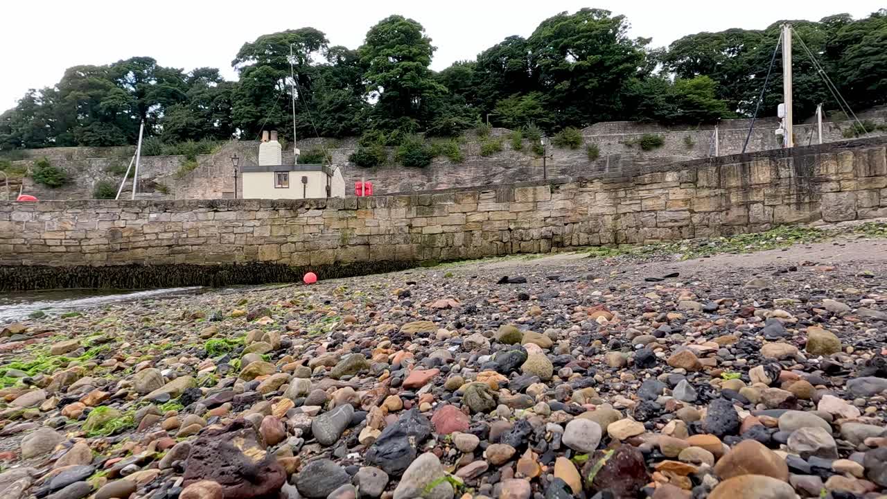 도크 와 초록색 으로 된 자갈 가 뿌려진 해변