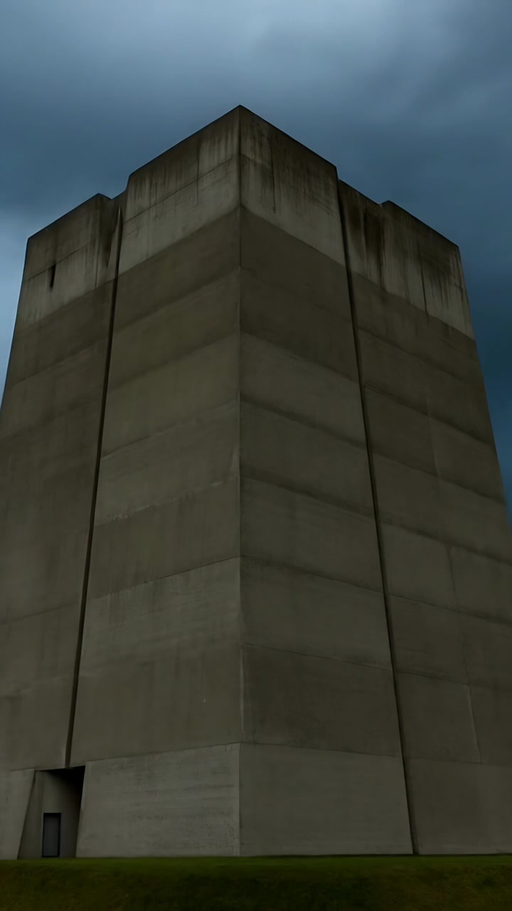 Vídeo vertical: Drone filmando uma torre alta de concreto com porta escura e céu nublado, mostrando a altura