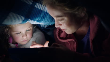 madre e hija felices usando una tableta bajo una manta jugando juegos en la tecnología de pantalla táctil relajándose divirtiéndose antes de acostarse