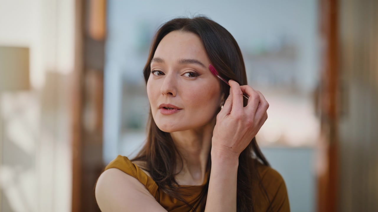 Ritratto di donna che si sistema le sopracciglia usando un pennello cosmetico. Brunetta che si trucca