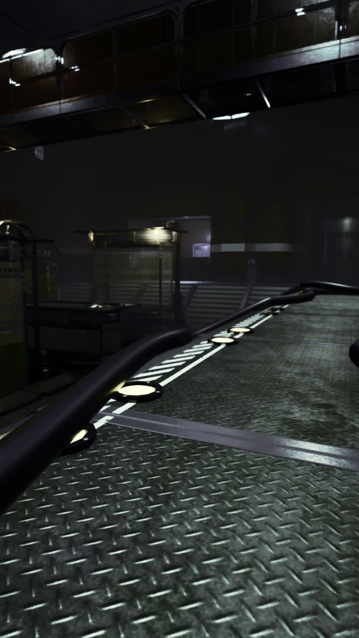 Intriguing industrial space with paths and dim lighting beckons exploration