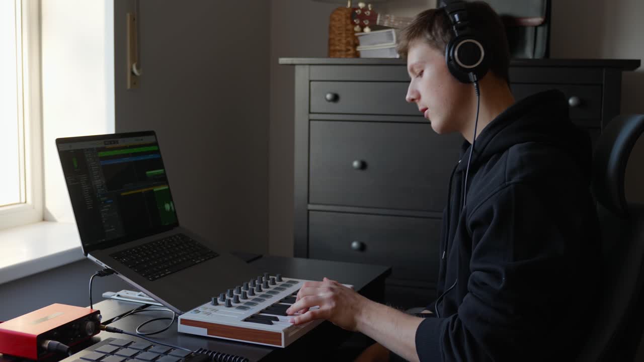 Focused songwriter uses MIDI keyboard to compose song while wearing studio headphones, translating creative inspiration into a tangible digital recording and mixing electronic with acoustic elements