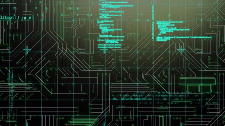 Animation of data processing over integrated circuit in green and black space