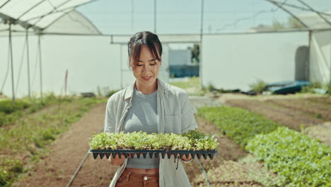 Happy-asian-woman,-plant-and-agriculture