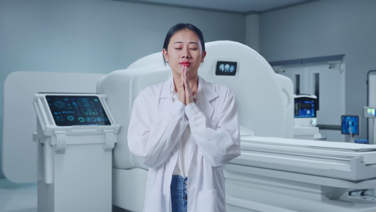 Asian Woman Doctor Pray For Something With Mri Machine In The Hospital