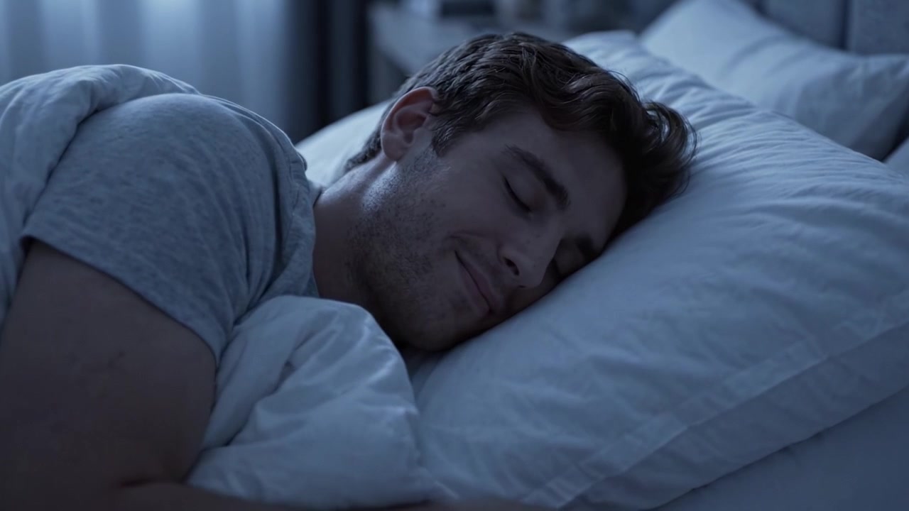 Una notte tranquilla in una camera da letto silenziosa: un uomo si gode un sonno profondo e riposante avvolto in morbida biancheria da letto, completamente rilassato e a suo agio nell'ambiente sereno.