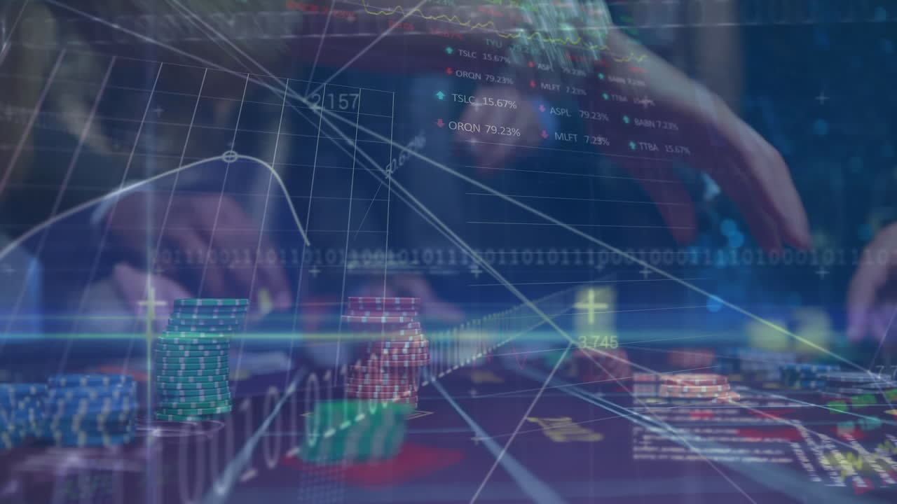 animación de estadísticas y procesamiento de datos sobre personas que ponen fichas de casino en una mesa