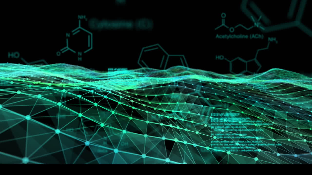 검은색 배경에 과학 데이터 처리 및 연결 네트워크의 애니메이션