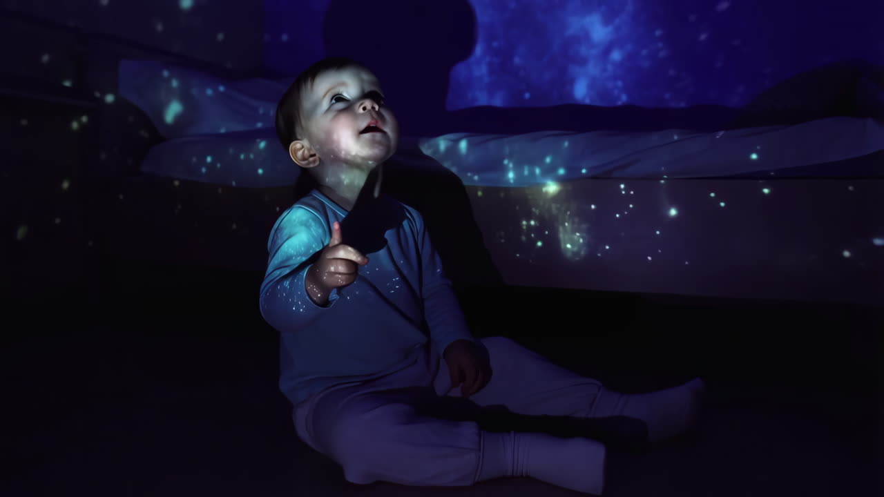 Baby Gazing at Starry Night Projection in Dark Room