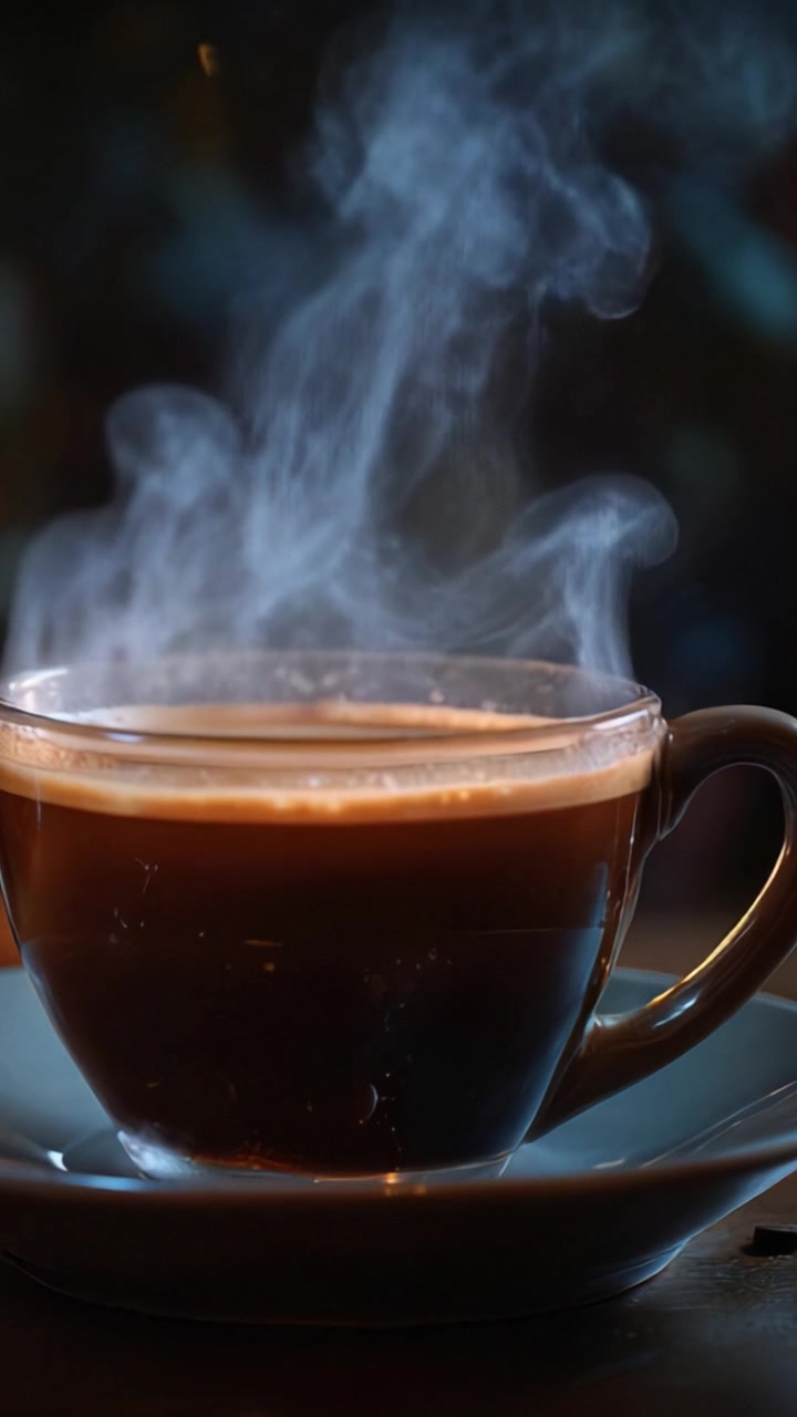 Taza de café aromático con vapor ascendente capturada en dos tomas, mostrando la esencia vigorizante y la calidez de una experiencia de bebida recién preparada.