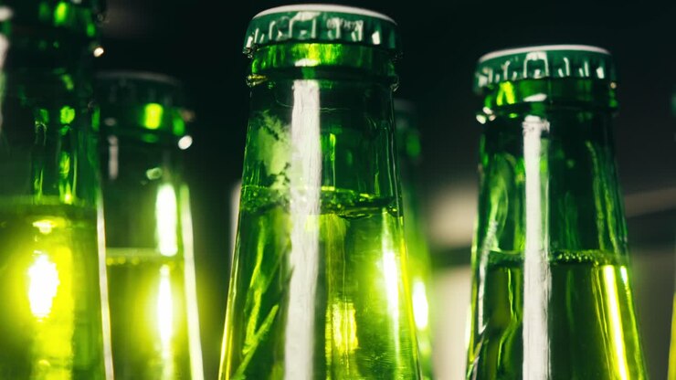 reihe von bierflaschen im kühlschrank, im geschäft oder im hotel, kaltes lager, deutsches bier oder cider, supermarkt oder weinkühlschrank in der nähe.