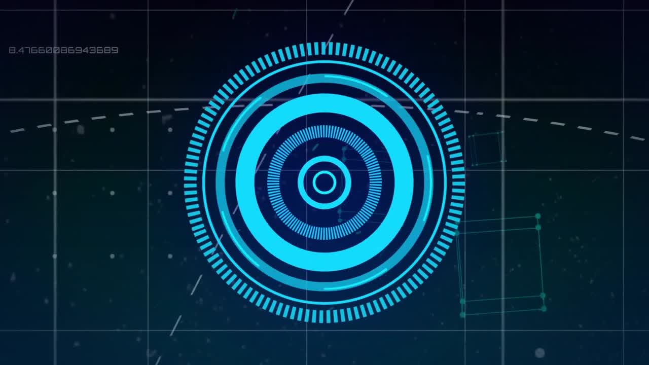 animación del procesamiento de datos y el escáner redondo sobre la red de rejilla contra un fondo azul
