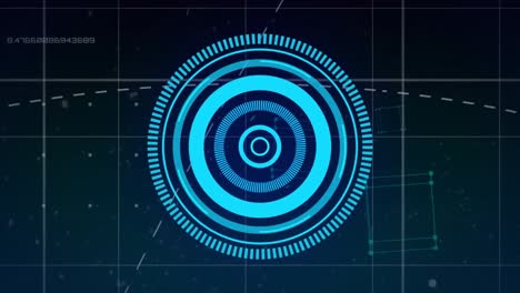 animación del procesamiento de datos y el escáner redondo sobre la red de rejilla contra un fondo azul