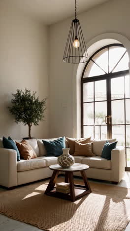 a cozy and elegant living room illuminated by natural light, featuring a decorative floral vase on a coffee table