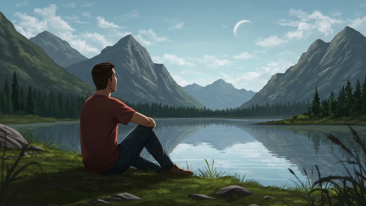 A tranquil scene of a contemplative figure gazing at a serene lake surrounded by majestic mountains, illuminated by a gentle lunar phase in the sky