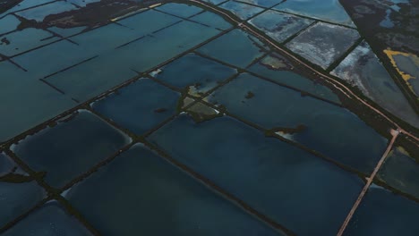 Geometrical-colorful-saline-ponds,-basins-and-lakes-for-saltworks-farming-on-island-Mallorca,-Spain