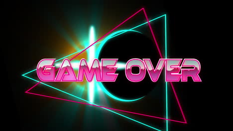 animation of game over text in pink shiny letters over pink and blue neon shapes and lights on black