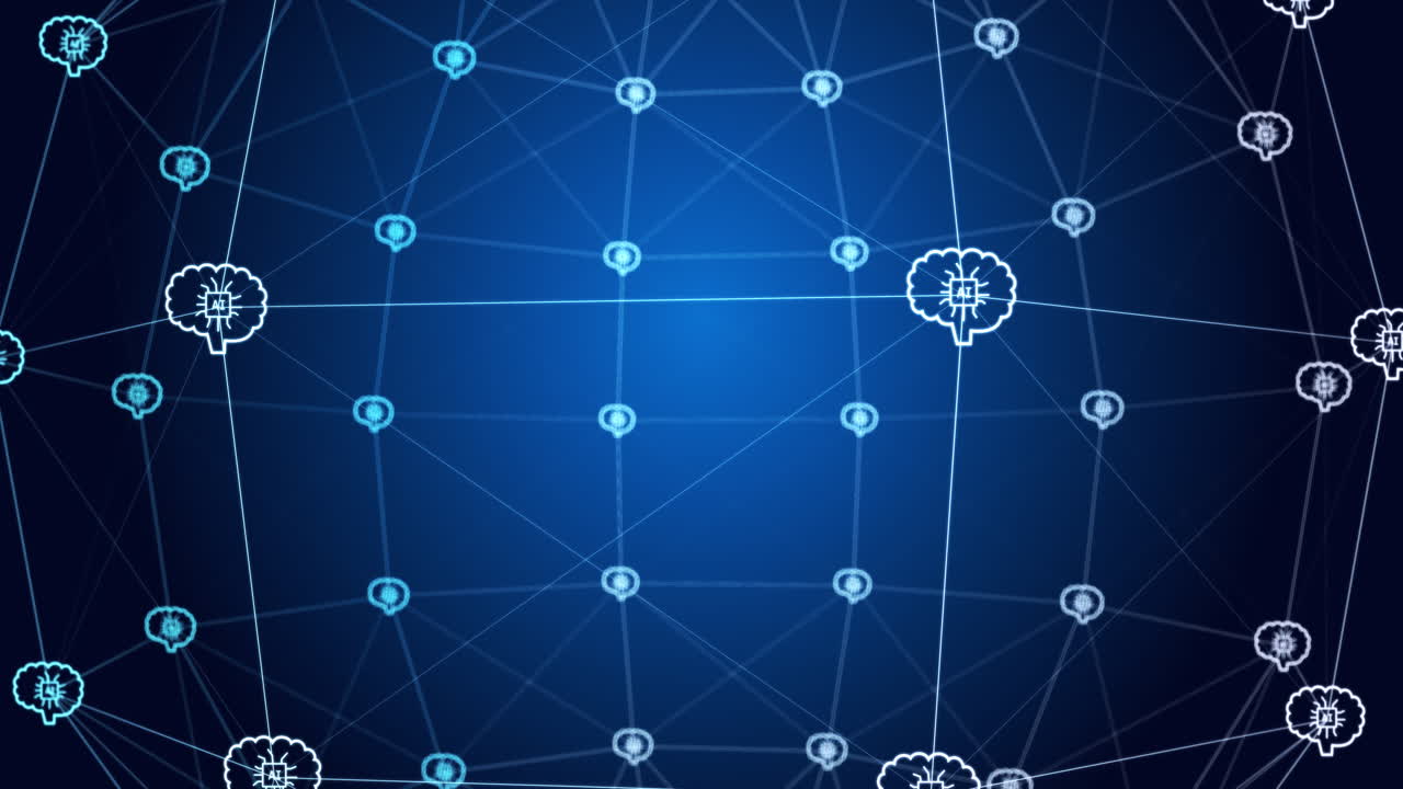 Animation of network of connections with icons on blue and black background