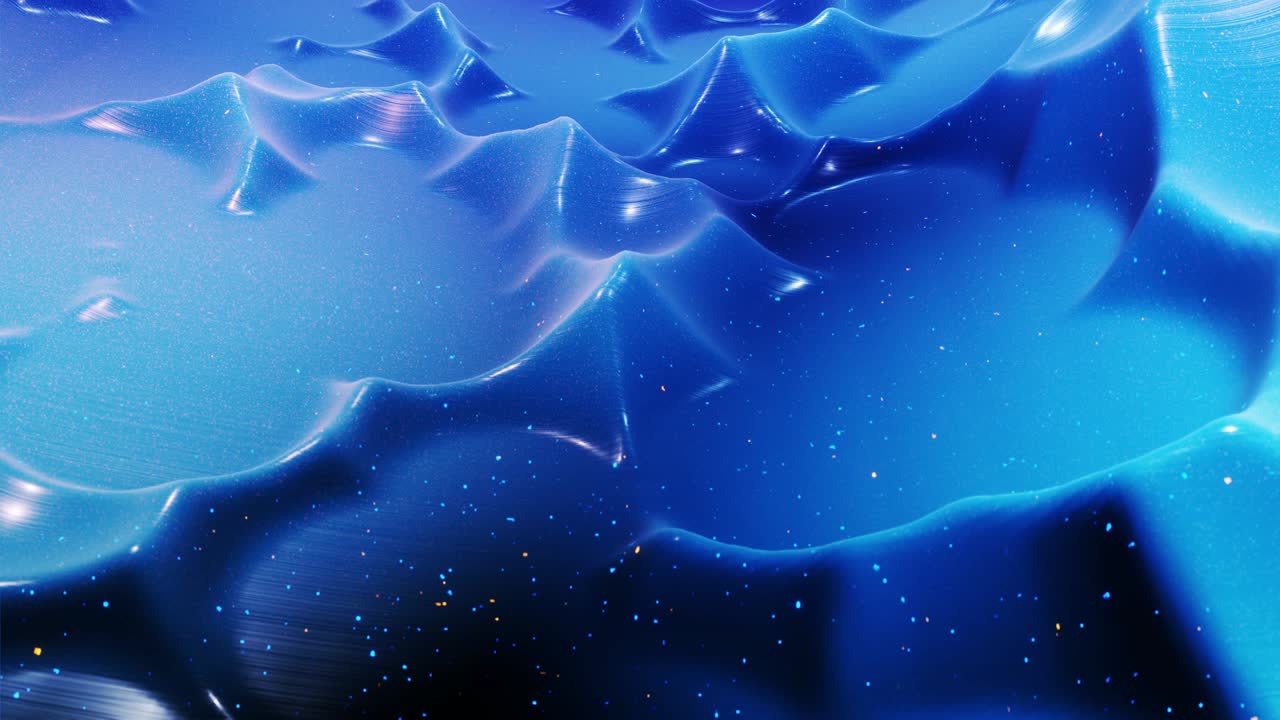 fantastical festive blue bg. Stylish abstract looped background, waves move on glossy surface like landscape made of liquid blue wax with sparkles. Beautiful soft background with smooth animation 4k