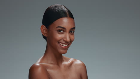 happy woman, face and relax in skincare