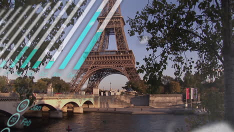 animación del procesamiento de datos financieros sobre el paisaje urbano de parís.