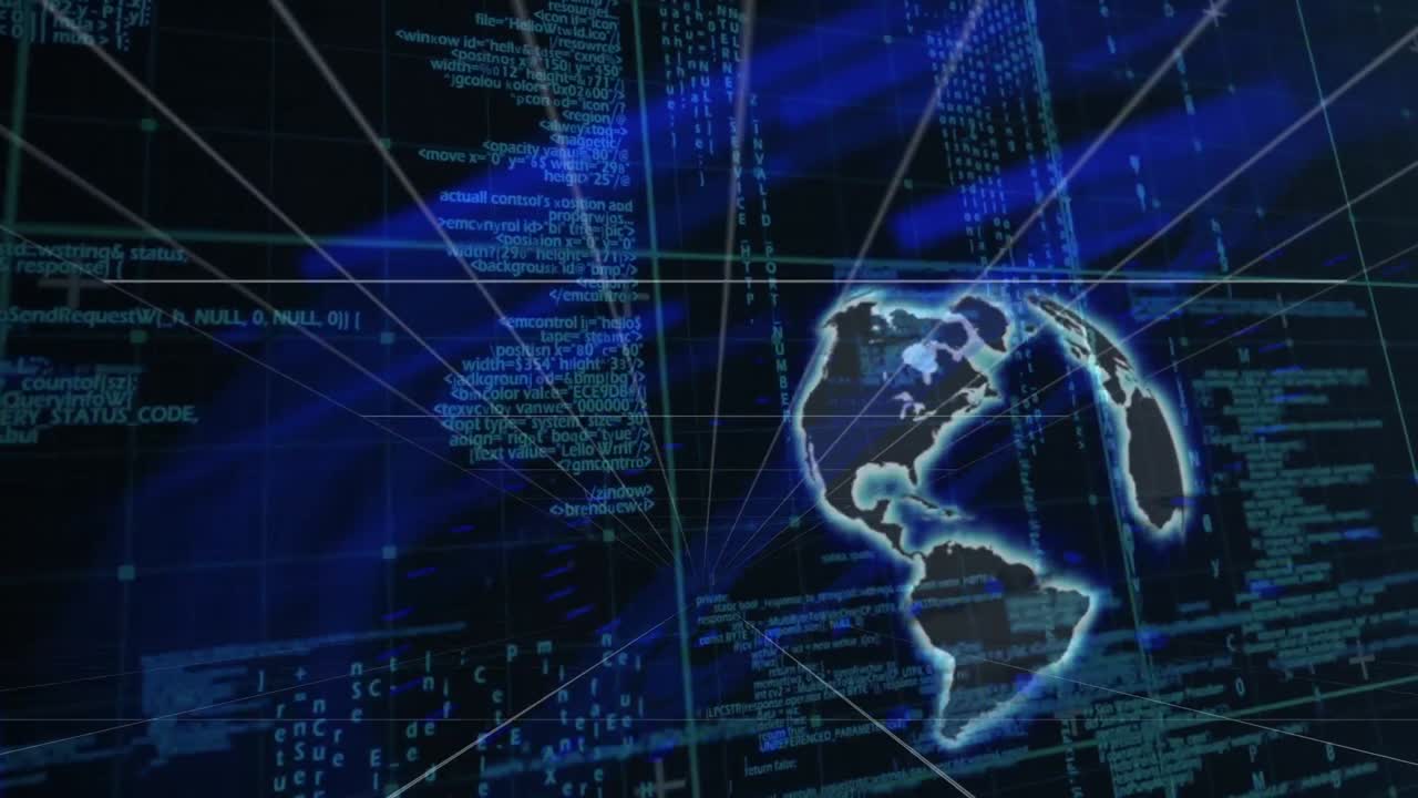 Animation of data processing and light trails over globe
