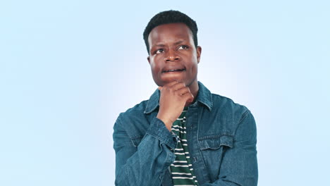 Thinking, black man and ideas with doubt