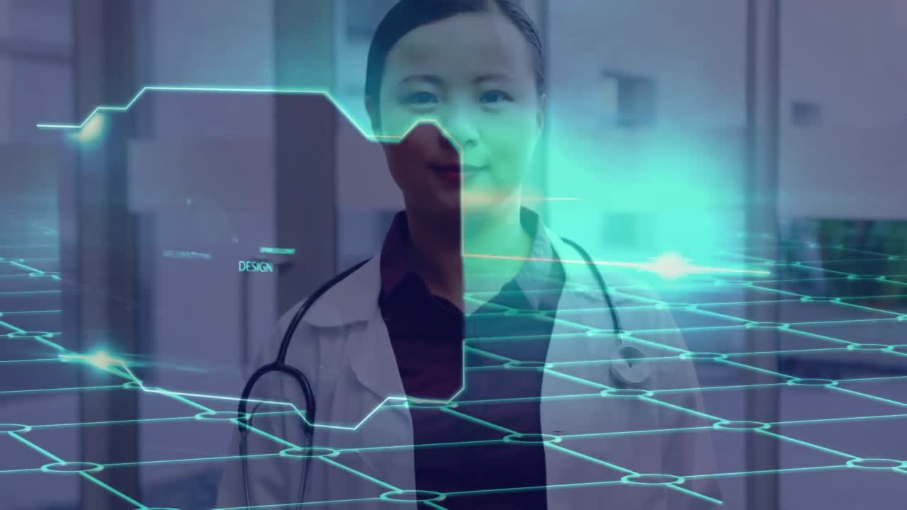 카메라를 바라보는 두 인종의 여성 의사에 대한 기술의 애니메이션