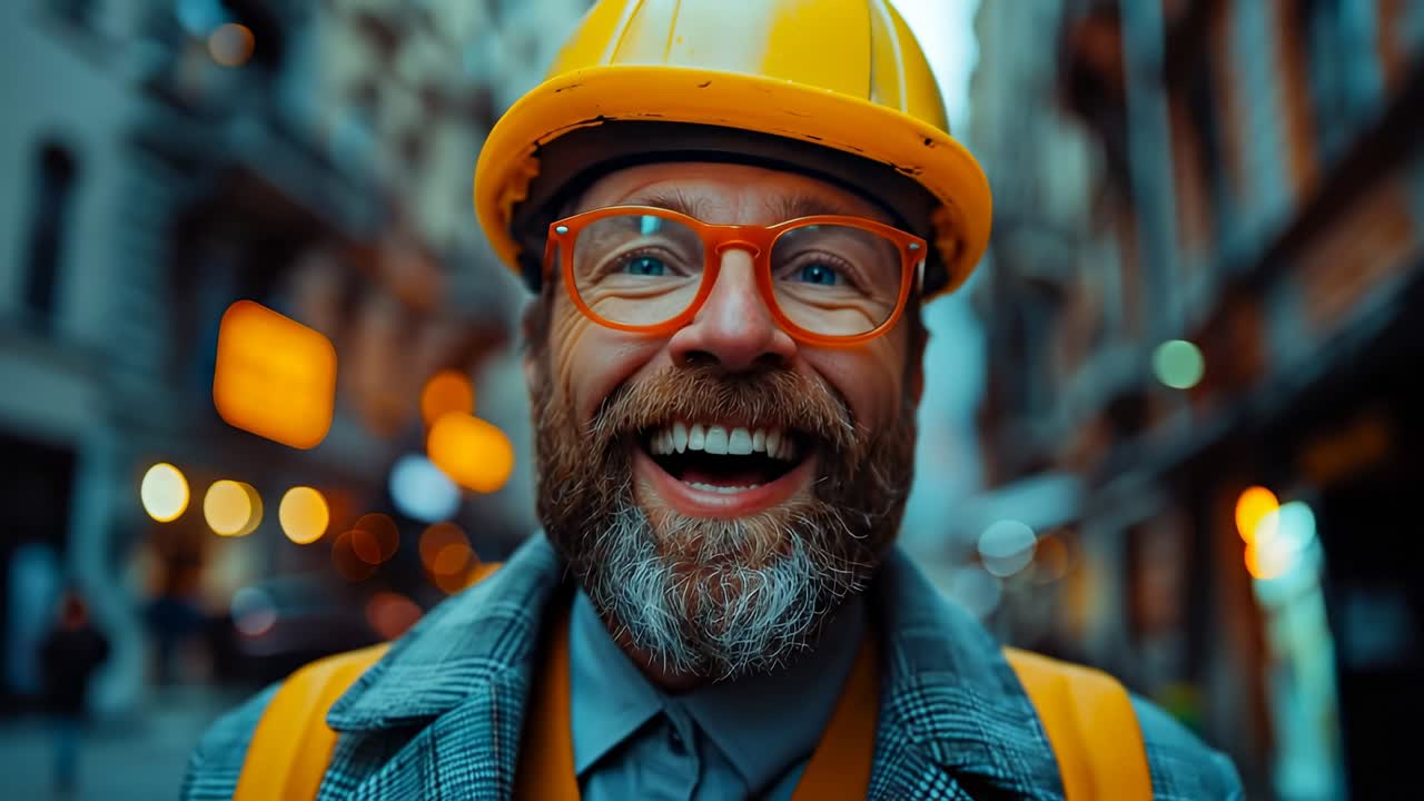 Portrait of smiling construction worker wearing yellow hard hat. Close up of man with beard wearing orange glasses and yellow safety helmet on blurred urban street background