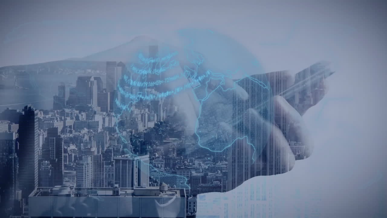 Using smartphone, person viewing animation of digital globe and data over cityscape