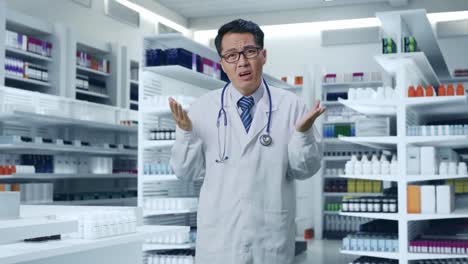 confused pharmacist in pharmacy