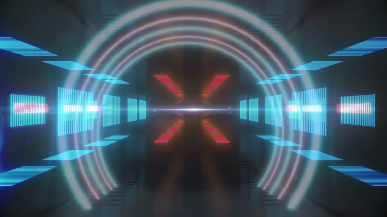 Glowing red and blue light patterns forming futuristic neon tunnel animation