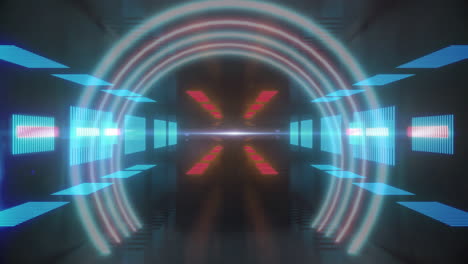 glowing red and blue light patterns forming futuristic neon tunnel animation