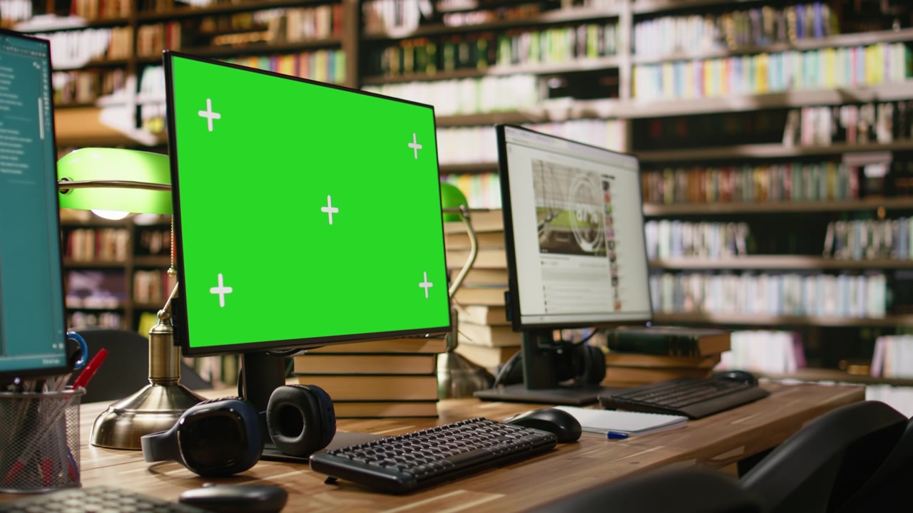 Green screen desktop monitor mockup with tracking markers