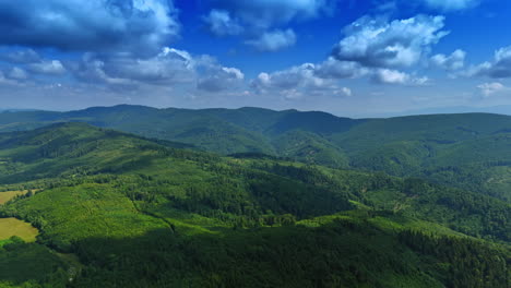 lush green hills under a blue sky. expansive green hills and valleys stretch under a bright blue sky with fluffy clouds in the distance