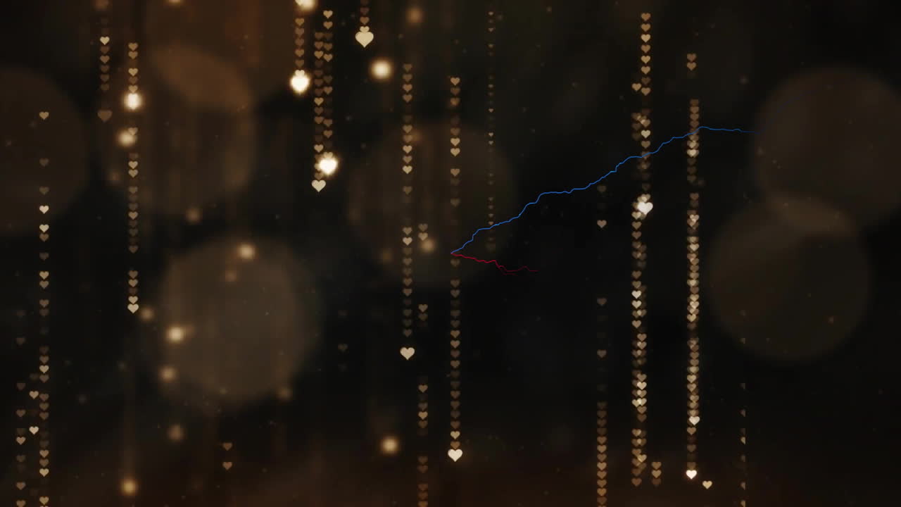 Glowing golden hearts falling vertically over abstract dark background, featuring bokeh light orbs