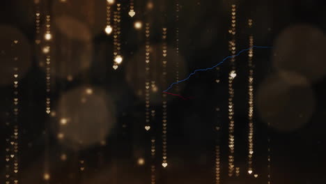 glowing golden hearts falling vertically over abstract dark background, featuring bokeh light orbs