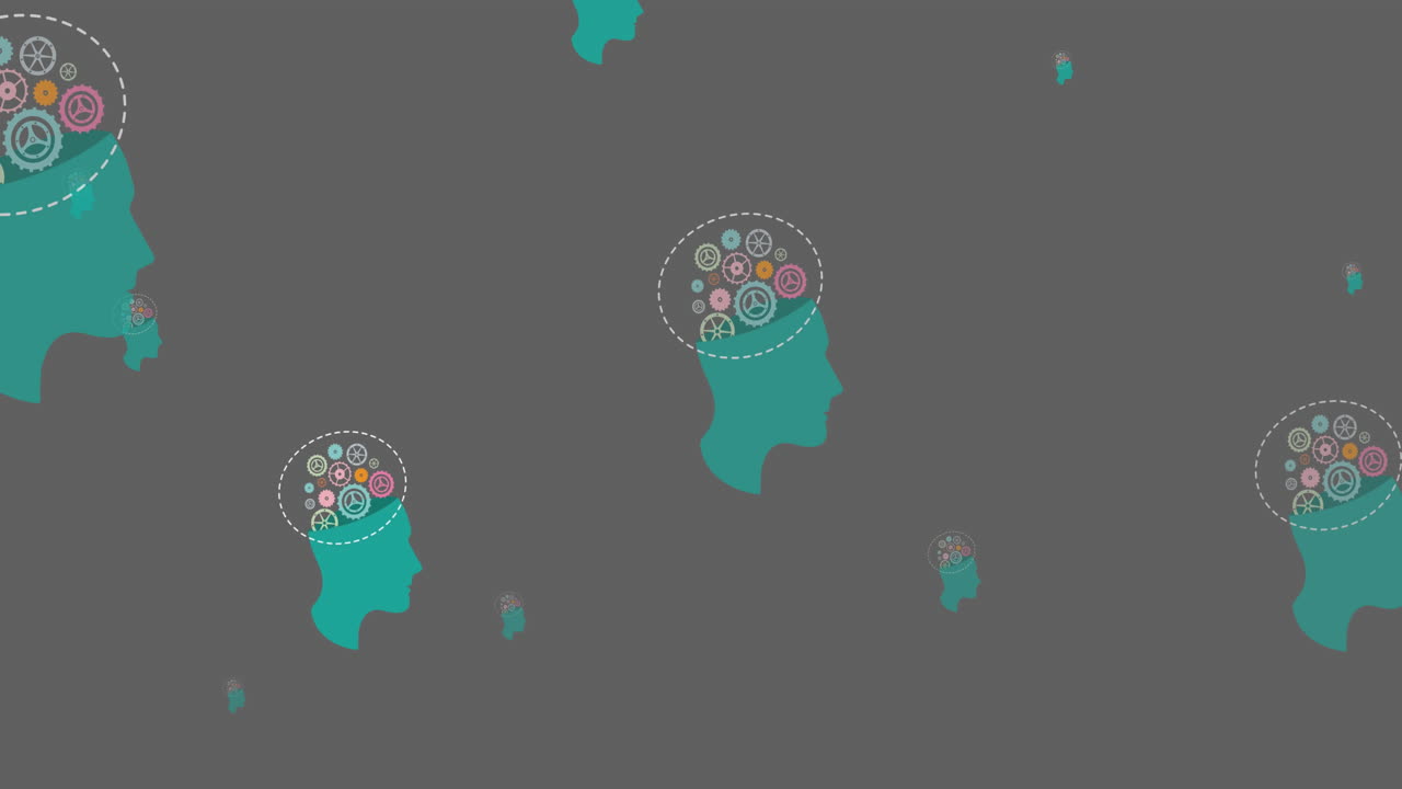 회색 배경에 움직이는  ⁇ 과 함께 초록색 인간의 머리의 애니메이션