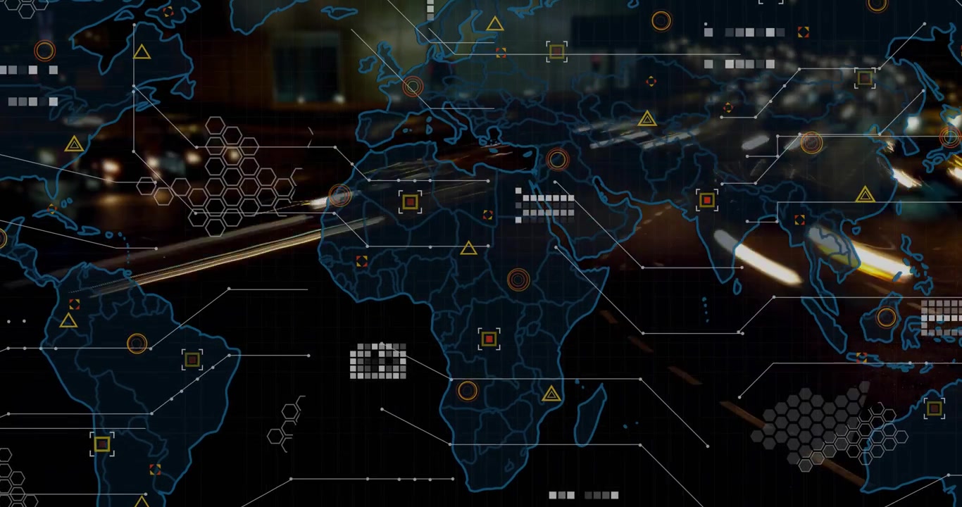 Digital World Map Overlay on Night City Traffic Time Lapse