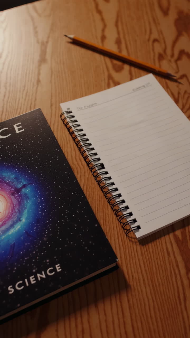 Notebook, Book, and Pencil on Wooden Table